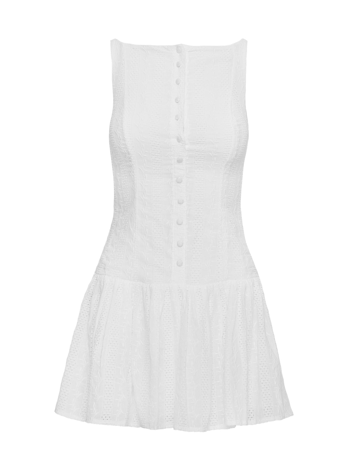 back view of model wearing Princess Polly Sweeter Places Embroidered Mini Dress White Boat Neck 