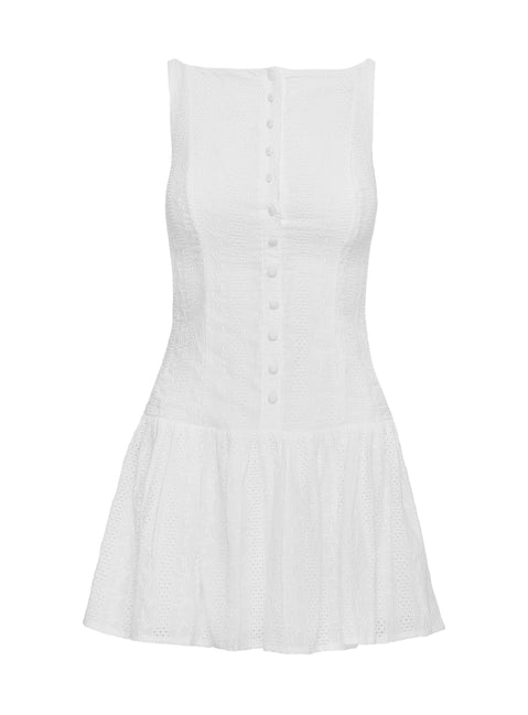 back view of model wearing Princess Polly Sweeter Places Embroidered Mini Dress White Boat Neck 