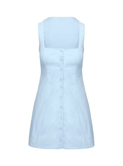 back view of model wearing Princess Polly Talisse Dress Blue Square Neck 