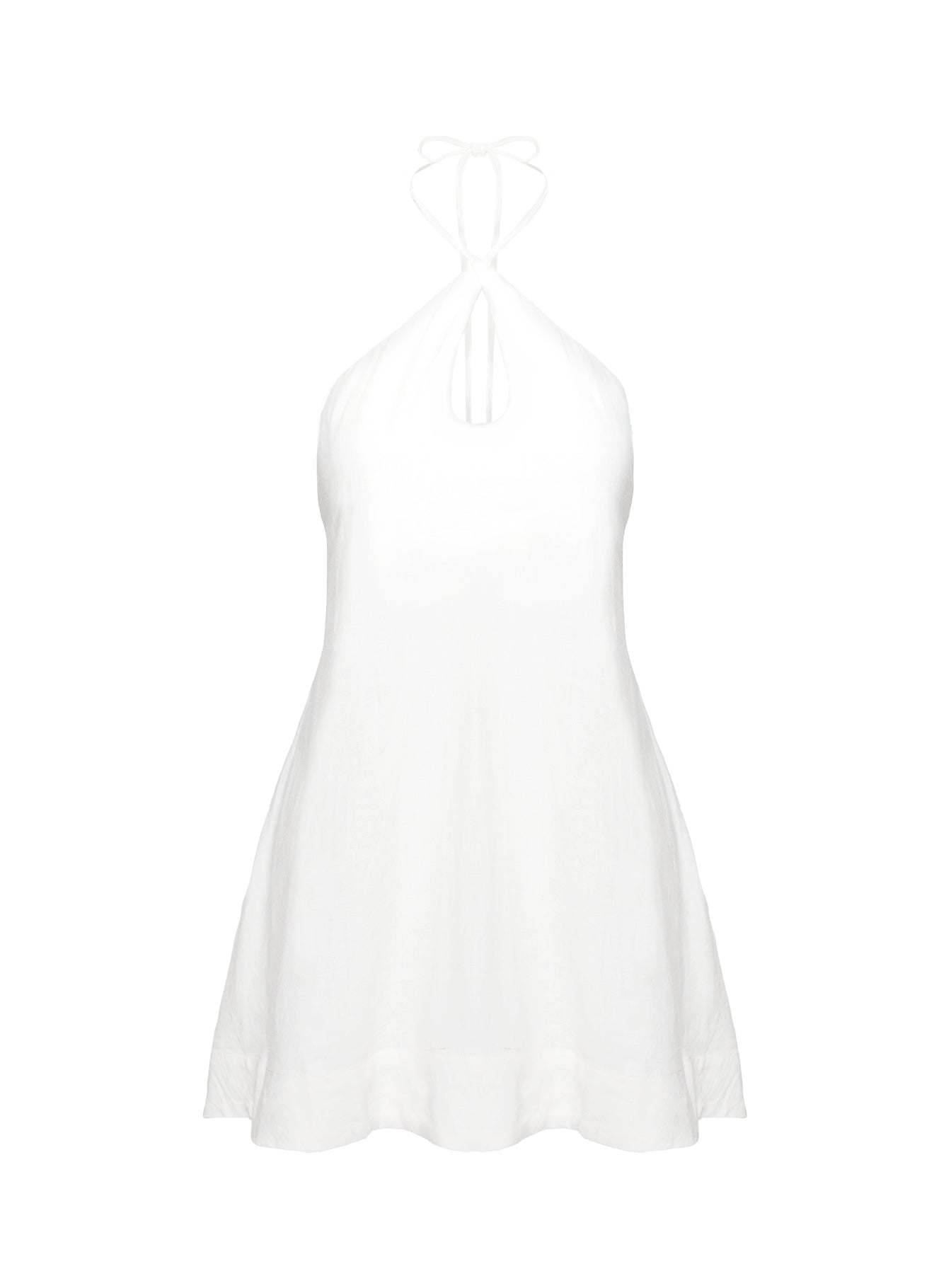 back view of model wearing Princess Polly Thomasina Linen Halter Dress White Plunger 