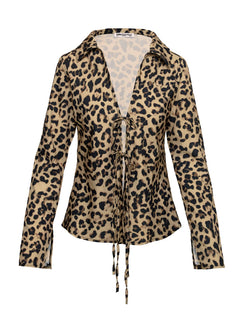 back view of model wearing Princess Polly Toriah Long Sleeve Tie Up Top Leopard Full Sleeves Plunger 