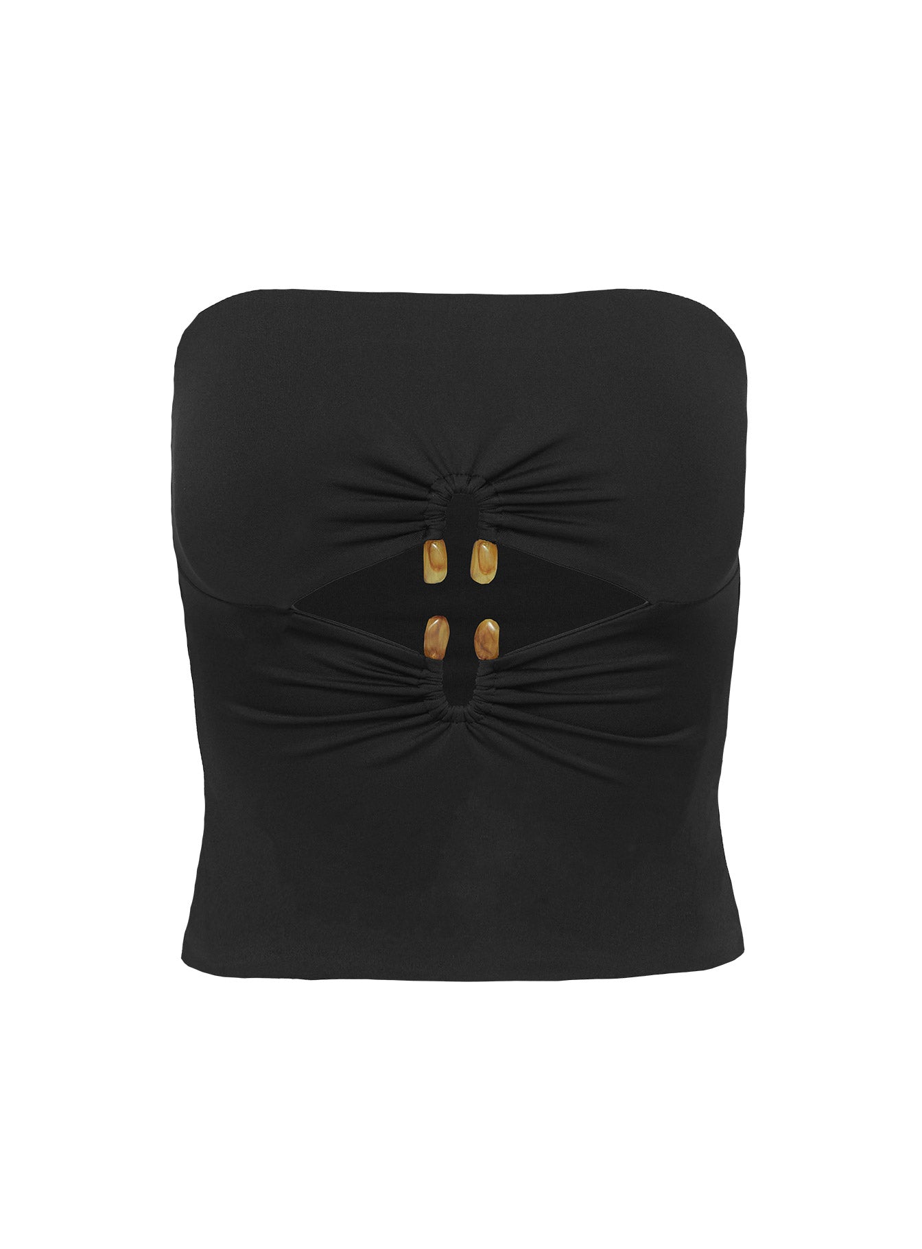 back view of model wearing Princess Polly Turlock Cut Out Strapless Top Black Sleeveless straight 