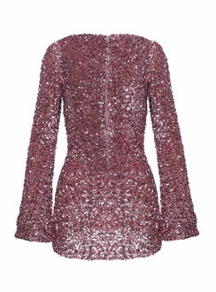 back view of model wearing Princess Polly Vinelle Long Sleeve Mini Dress Dusty Pink Straight Neck 
