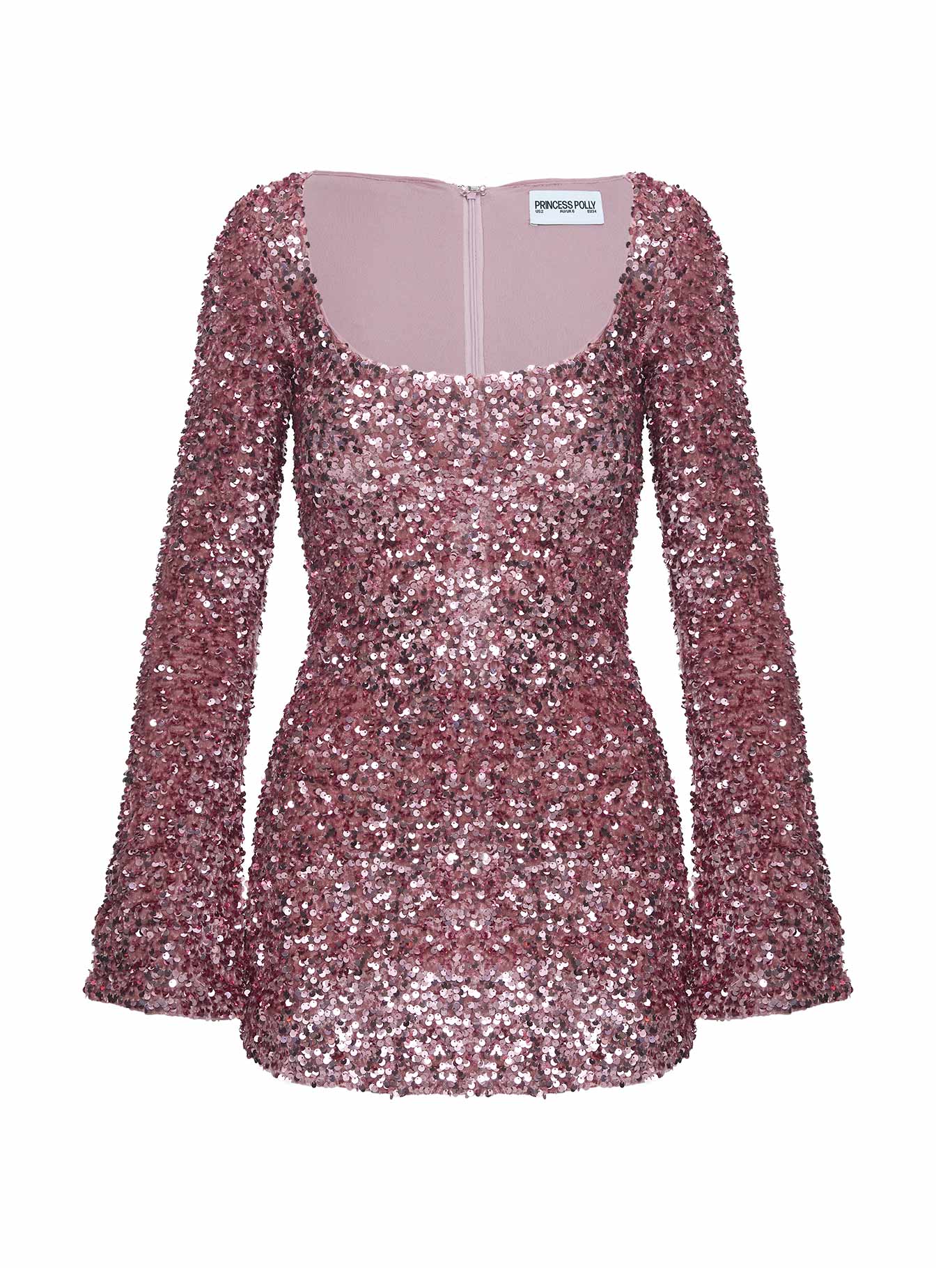back view of model wearing Princess Polly Vinelle Long Sleeve Mini Dress Dusty Pink Straight Neck 