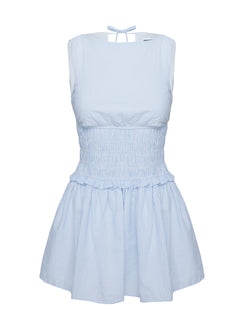 back view of model wearing Princess Polly Yennifer Shirred Mini Dress Blue / White Tall Boat Neck 