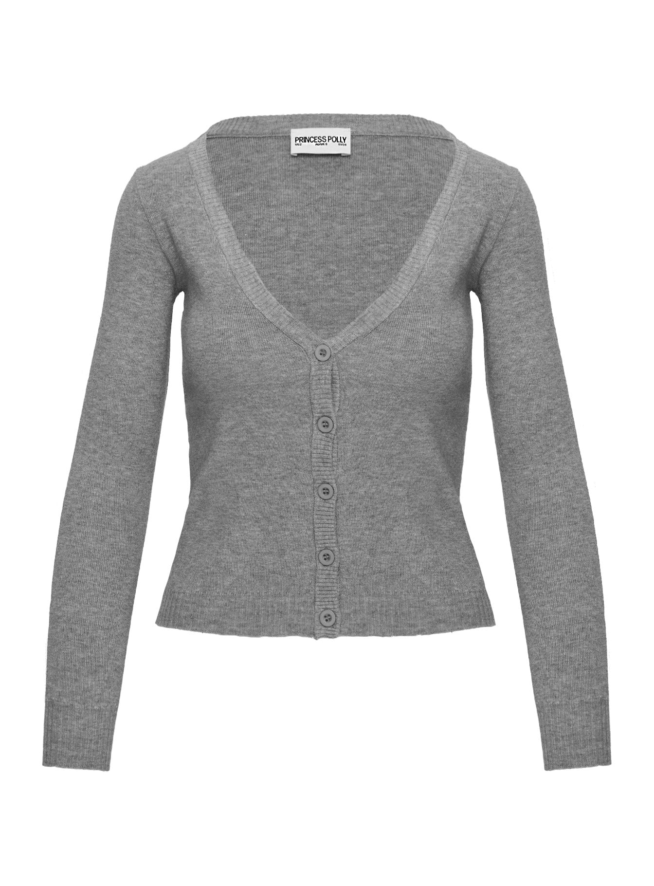 back view of model wearing Princess Polly York Cardigan Grey Marle Cropped 