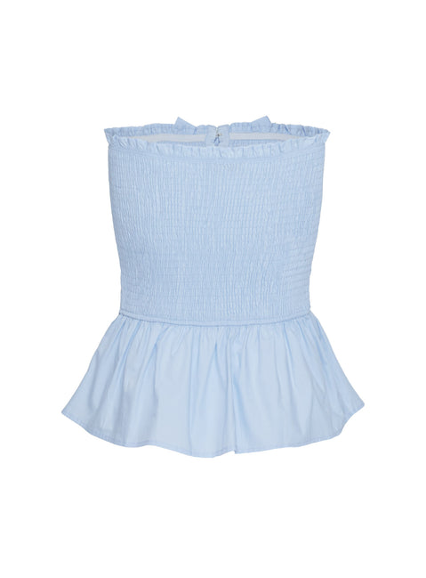side view of model wearing Princess Polly Jaymie Strapless Bow Top Blue Sleeveless straight 