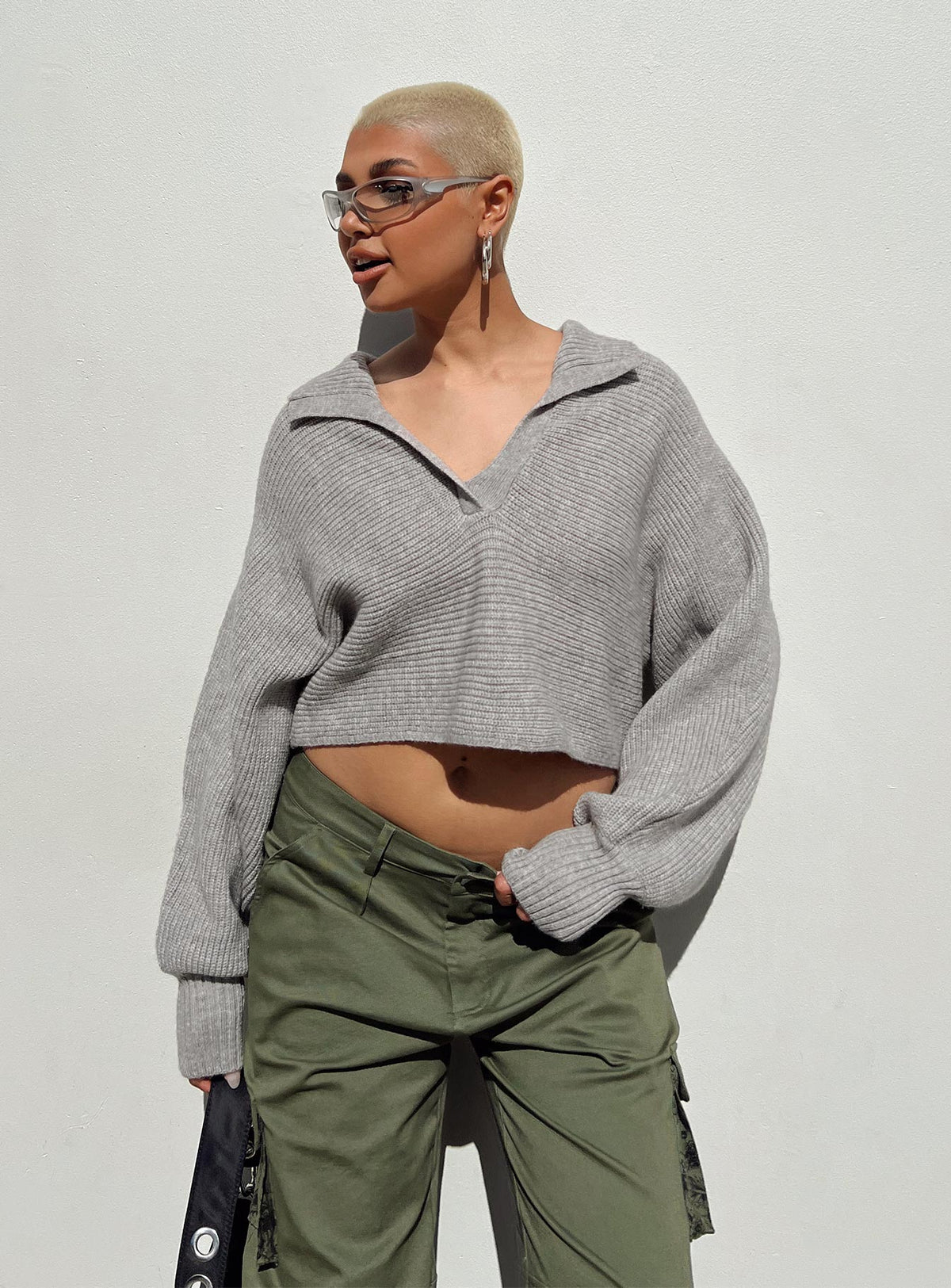 front view of model wearing Princess Polly Tiara Cropped Sweater Grey Cropped 