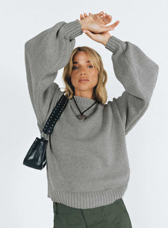 front view of model wearing Princess Polly Harmony Balloon Sleeve Knit Sweater Grey Long 