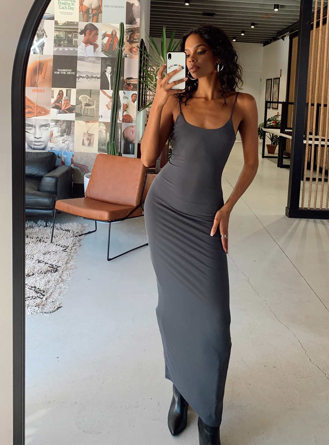 Front view of model wearing  front Princess Polly High Neck  Knox Maxi Dress Slate