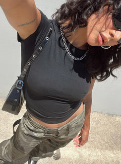 Front view of model wearing  front Princess Polly Short Sleeves High Neck  Lex Top Black