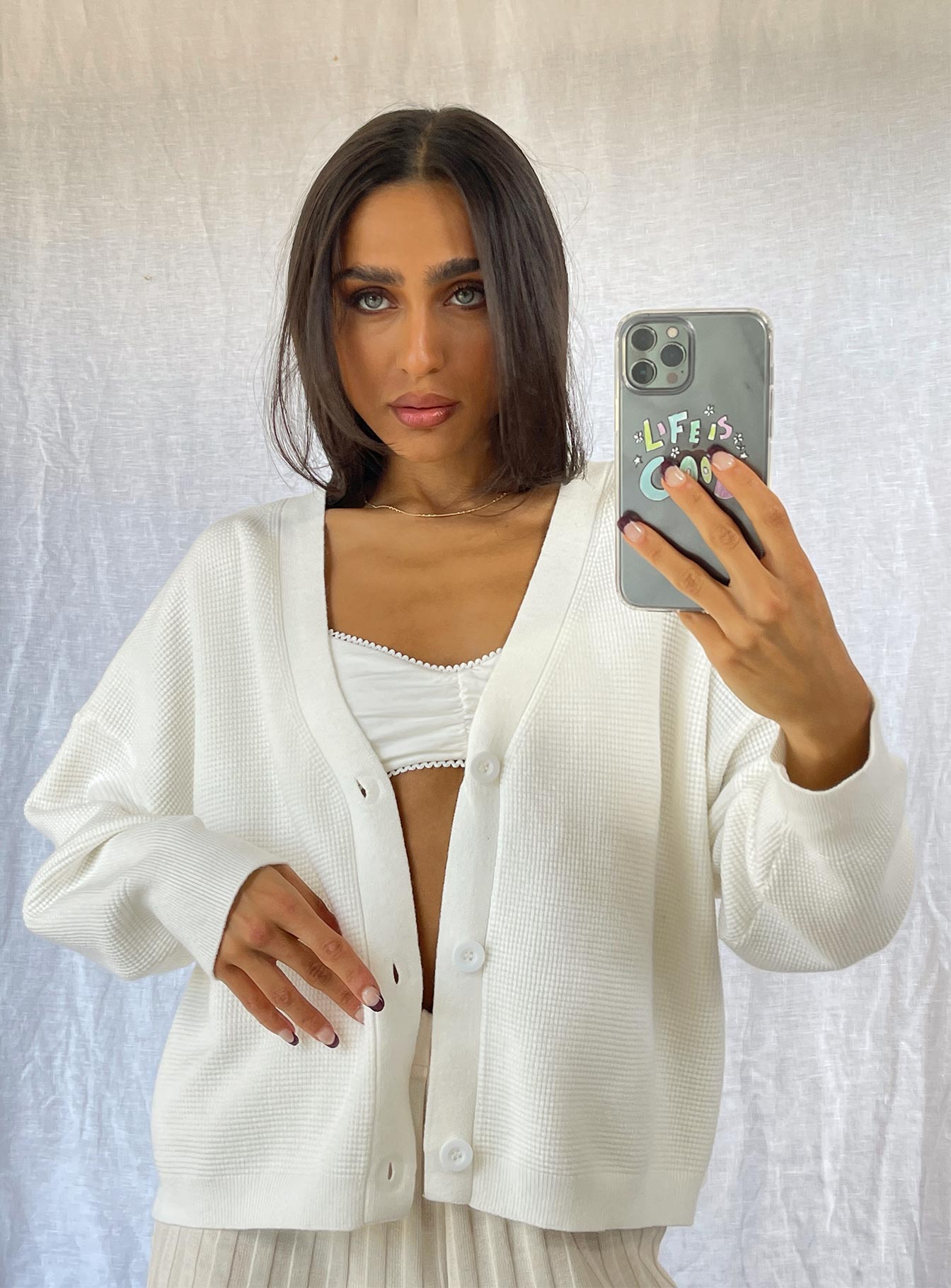 front view of model wearing Princess Polly Theo Cardigan White Longline Jumpers 