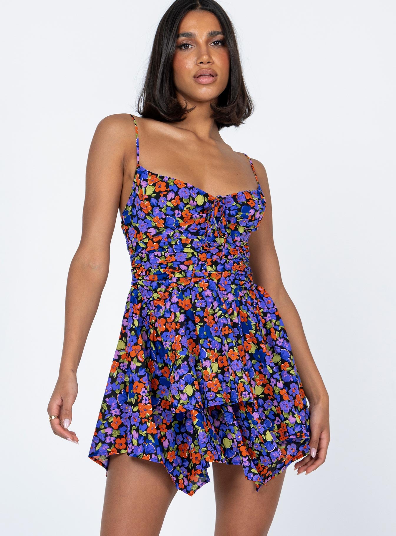 front view of model wearing Princess Polly Barrett Mini Dress Dark Floral Sweetheart Neckline 