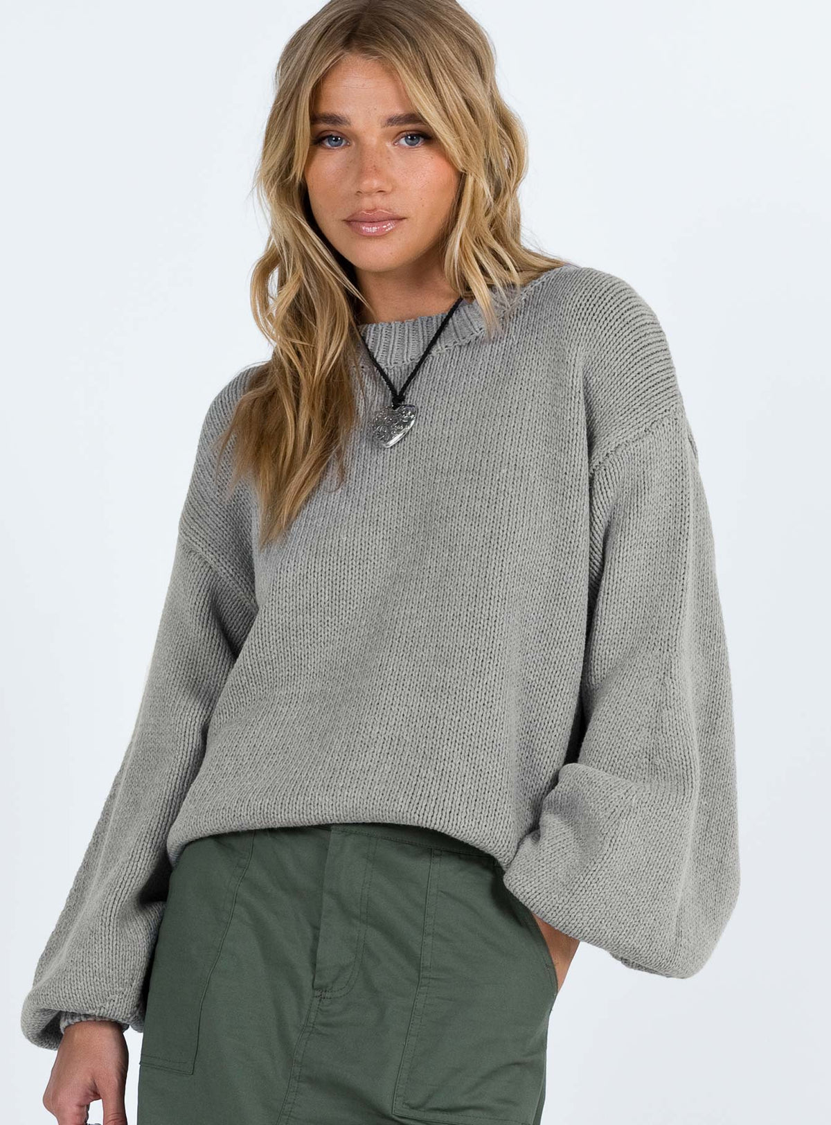 front view of model wearing Princess Polly Harmony Balloon Sleeve Knit Sweater Grey Long 