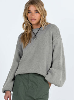 front view of model wearing Princess Polly Harmony Balloon Sleeve Knit Sweater Grey Long 
