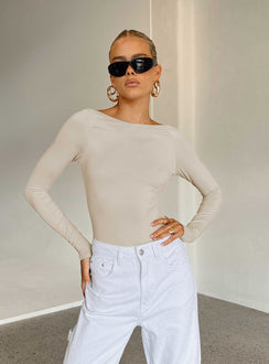 front view of model wearing Princess Polly Gatewood Long Sleeve Bodysuit Bone Full Sleeves 