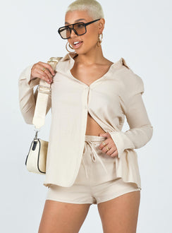 Matching set Princess Polly Exclusive 100% polyester Button front fastening Oversized shirt Single-button cuff High waisted shorts  Drawstring waistband Non-stretch Lined shorts