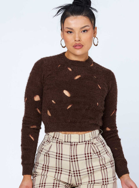 front view of model wearing Princess Polly Astrella Sweater/Jumper Brown Jumpers 