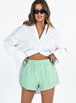 front view of model wearing Princess Polly Beach House Shorts Green Stripe High Waisted Shorts 