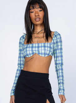 front view of model wearing Princess Polly Becca Long Sleeve Crop Top Green Check 