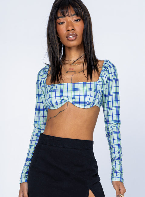 front view of model wearing Princess Polly Becca Long Sleeve Crop Top Green Check 
