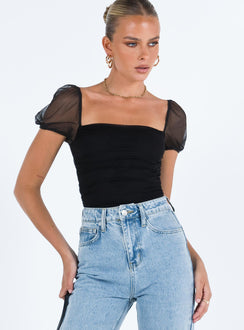 front view of model wearing Princess Polly Dostan Bodysuit Black Short Sleeve Bodysuit 