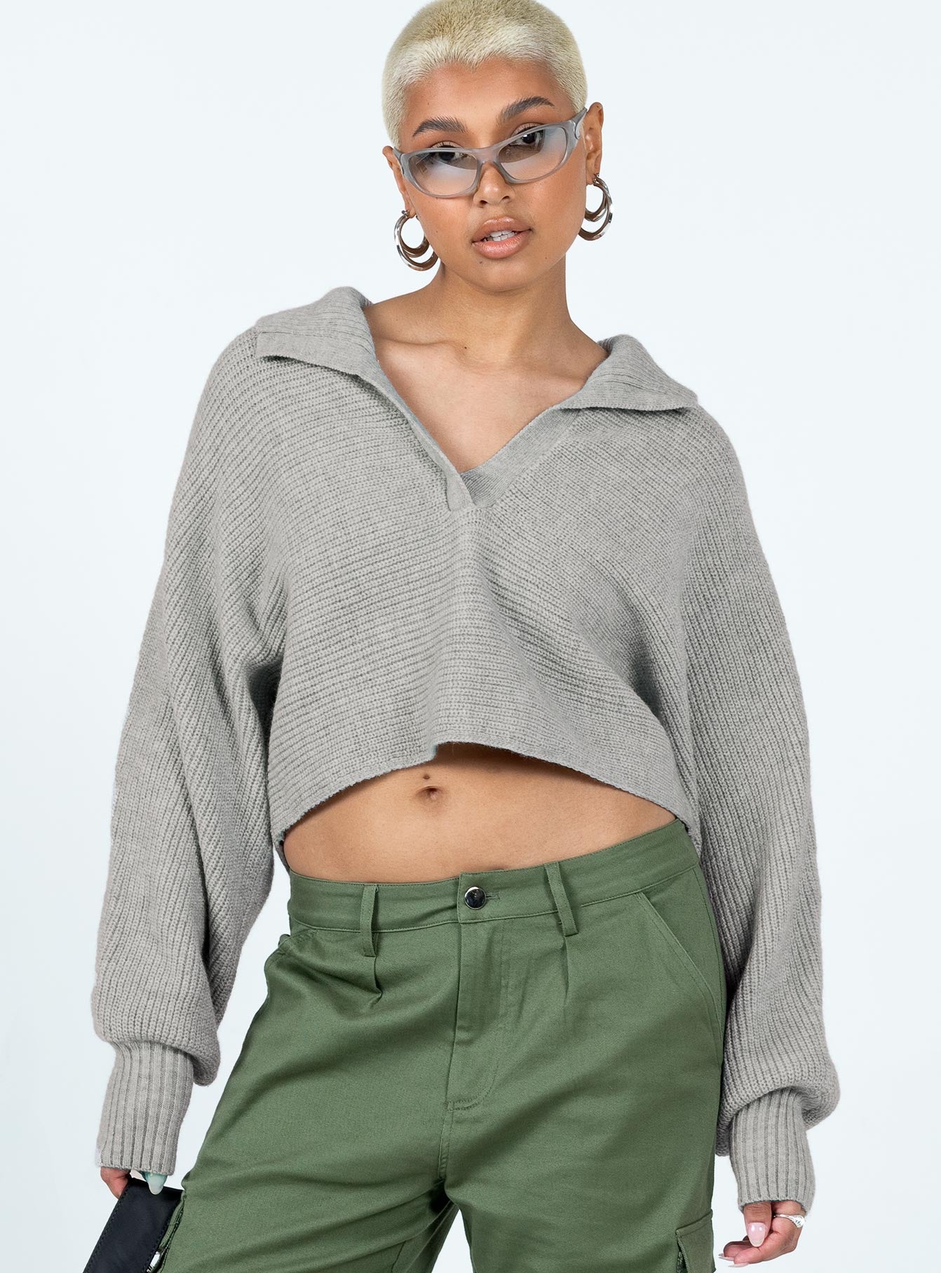 front view of model wearing Princess Polly Tiara Cropped Sweater Grey Cropped 