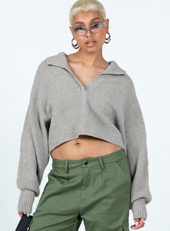 front view of model wearing Princess Polly Tiara Cropped Sweater Grey Cropped 
