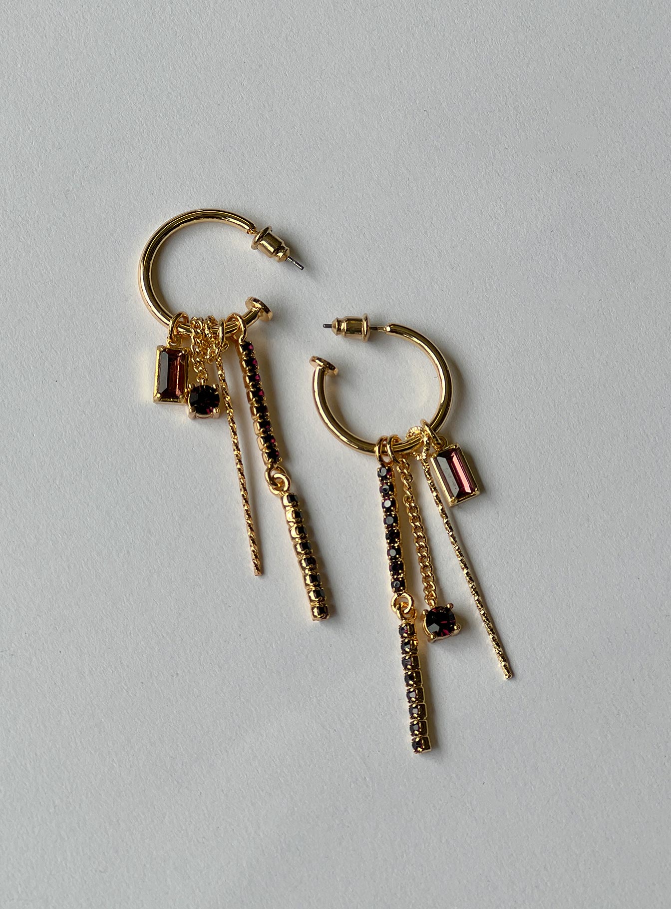 Earrings Hoop style Four drop charms Gemstone Details Gold-toned