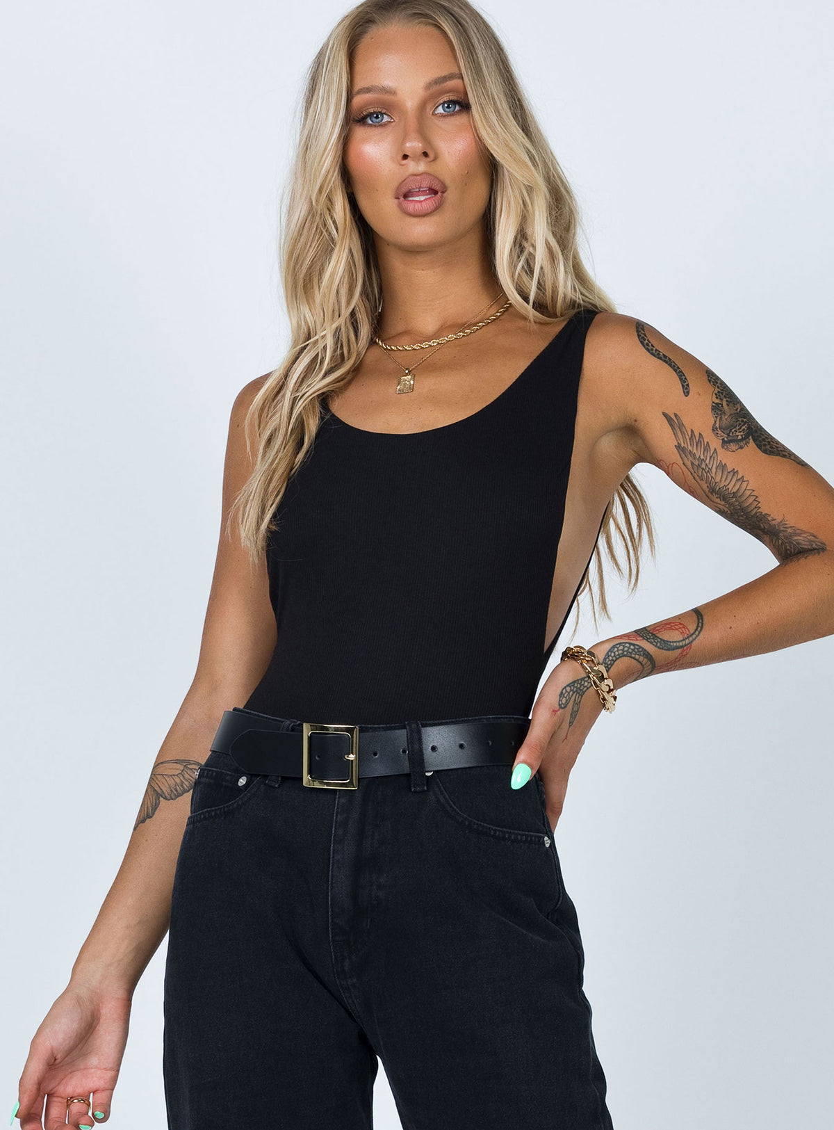 front view of model wearing Princess Polly Yolando Bodysuit Black Sleeveless 