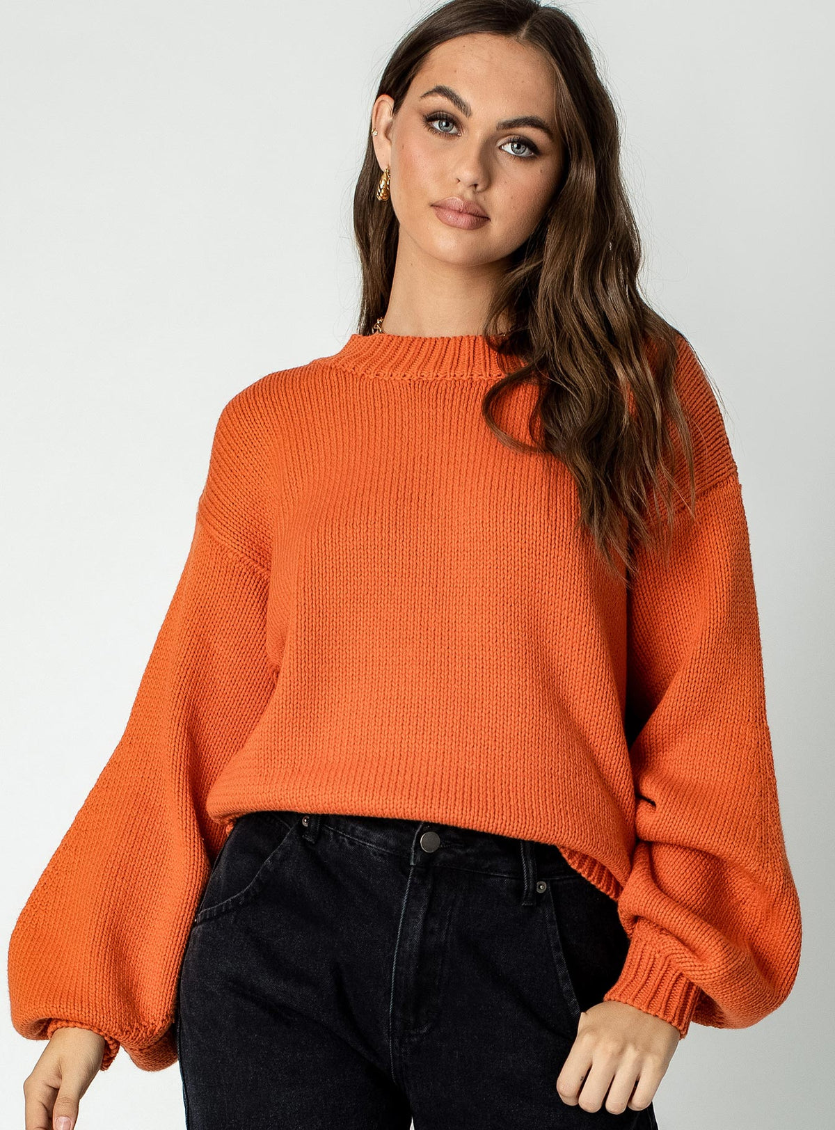 front view of model wearing Princess Polly Harmony Oversized Sweater Orange Jumpers 