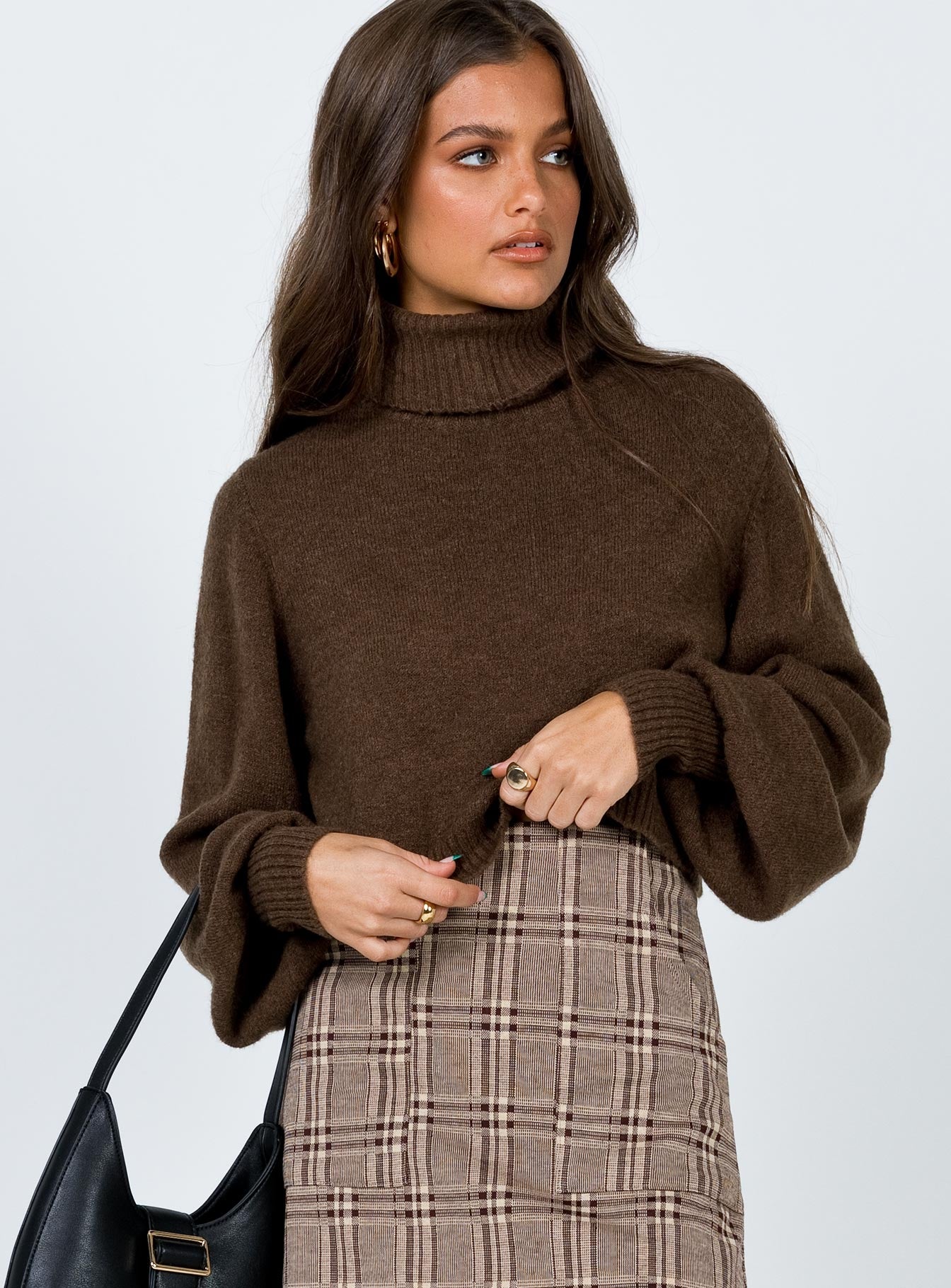 front view of model wearing Princess Polly Zahara Cropped Turtleneck Sweater Brown Cropped Jumpers 