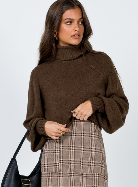 front view of model wearing Princess Polly Zahara Cropped Turtleneck Sweater Brown Cropped Jumpers 
