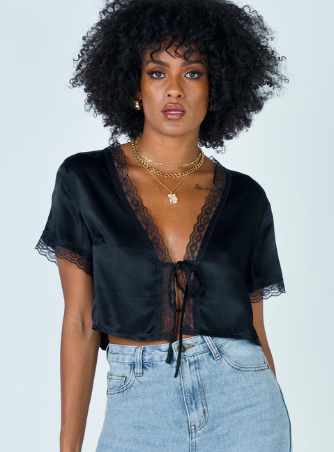 front view of model wearing Princess Polly Vintage Tie Up Top Black 