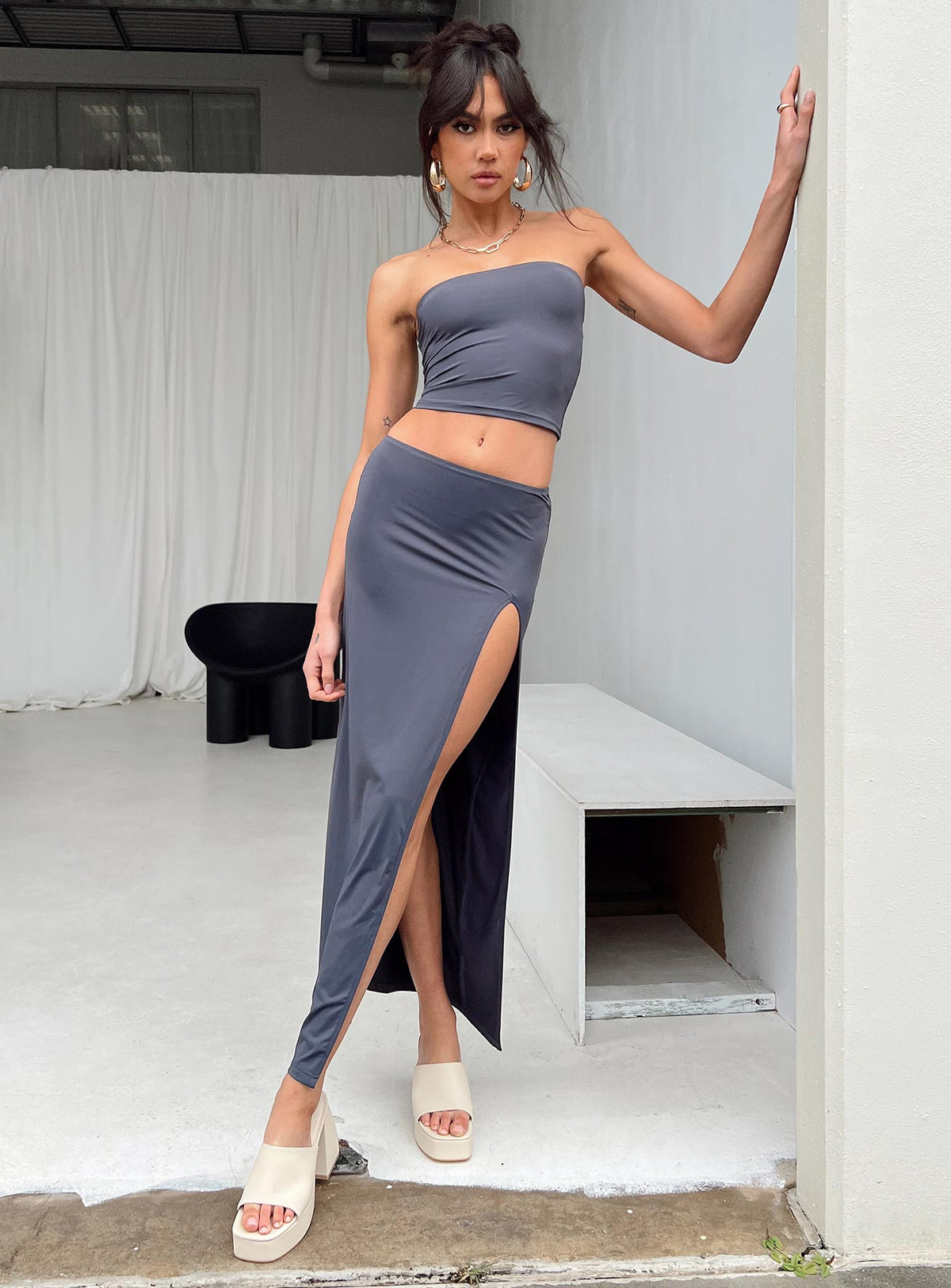 front view of model wearing Princess Polly Tomlin Top Grey Sleeveless Square Neck 