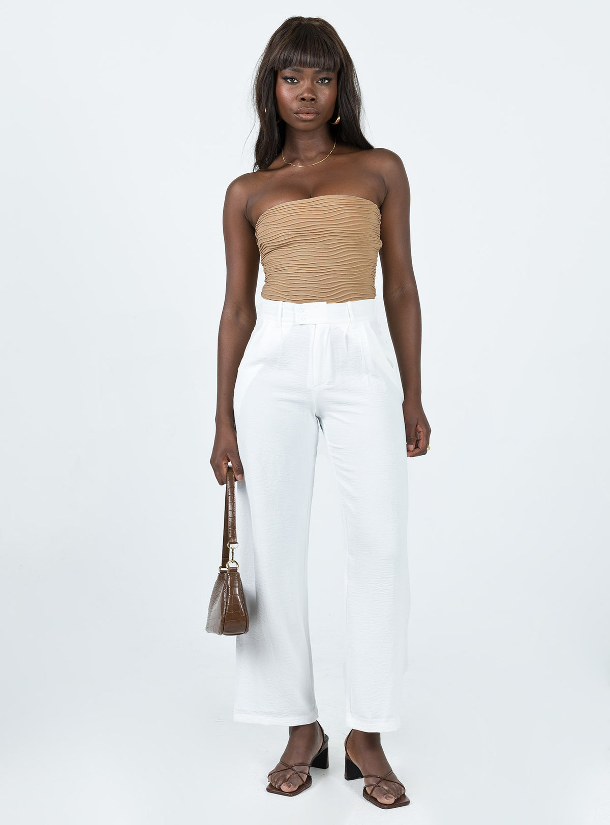 back view of model wearing Princess Polly Makena Strapless Bodysuit Beige Sleeveless straight 
