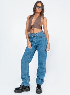 front view of model wearing Princess Polly Holly Asymmetric Straight Leg Jean Mid Wash Denim Mid Rise 