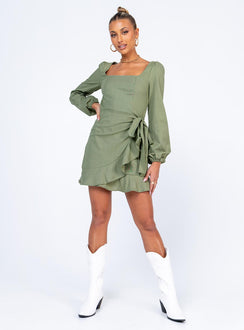 front view of model wearing Princess Polly The Villa Mini Dress Green 