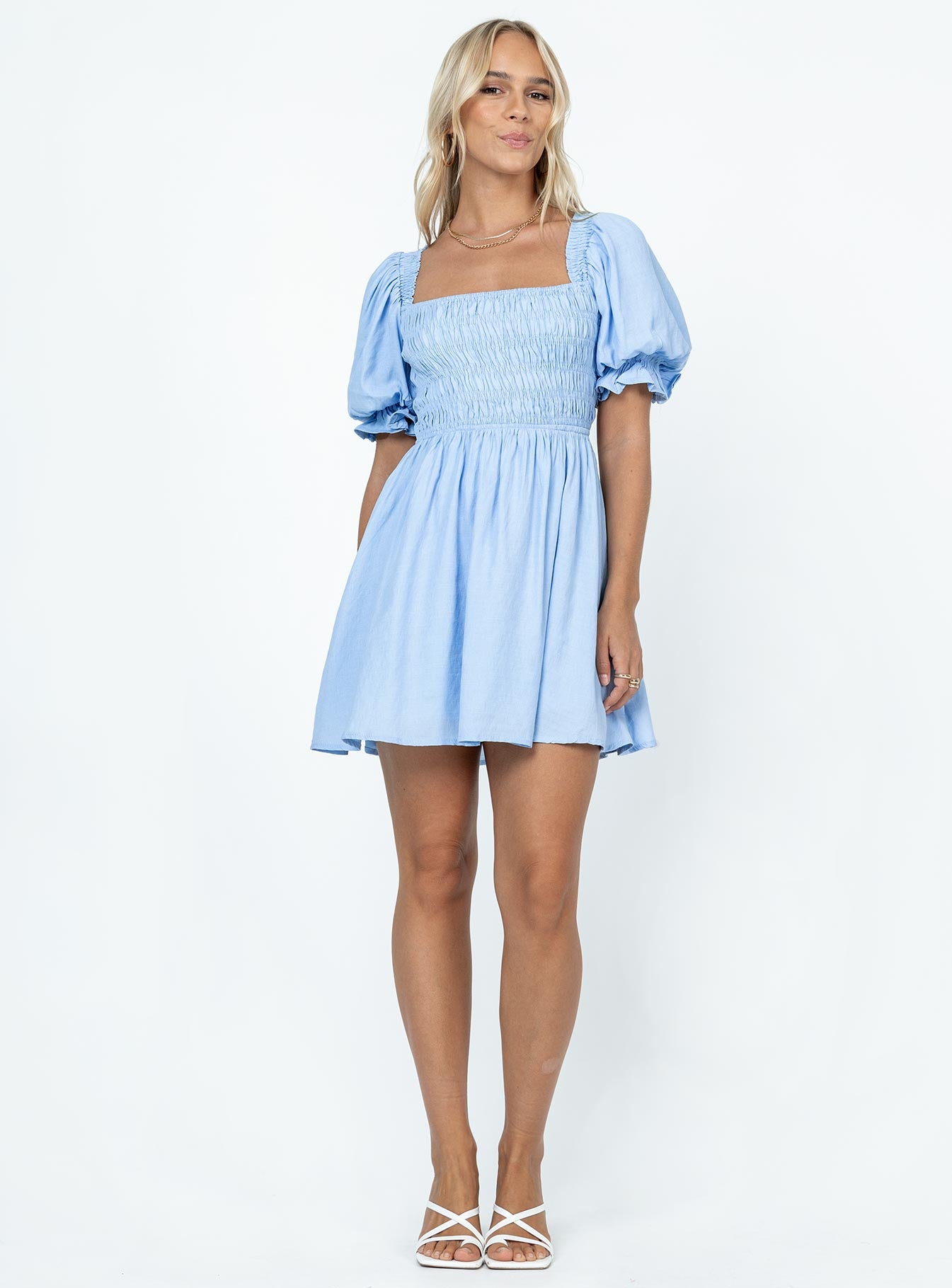 Front view of model wearing  front Princess Polly Crew Neck  Dani Mini Dress Blue