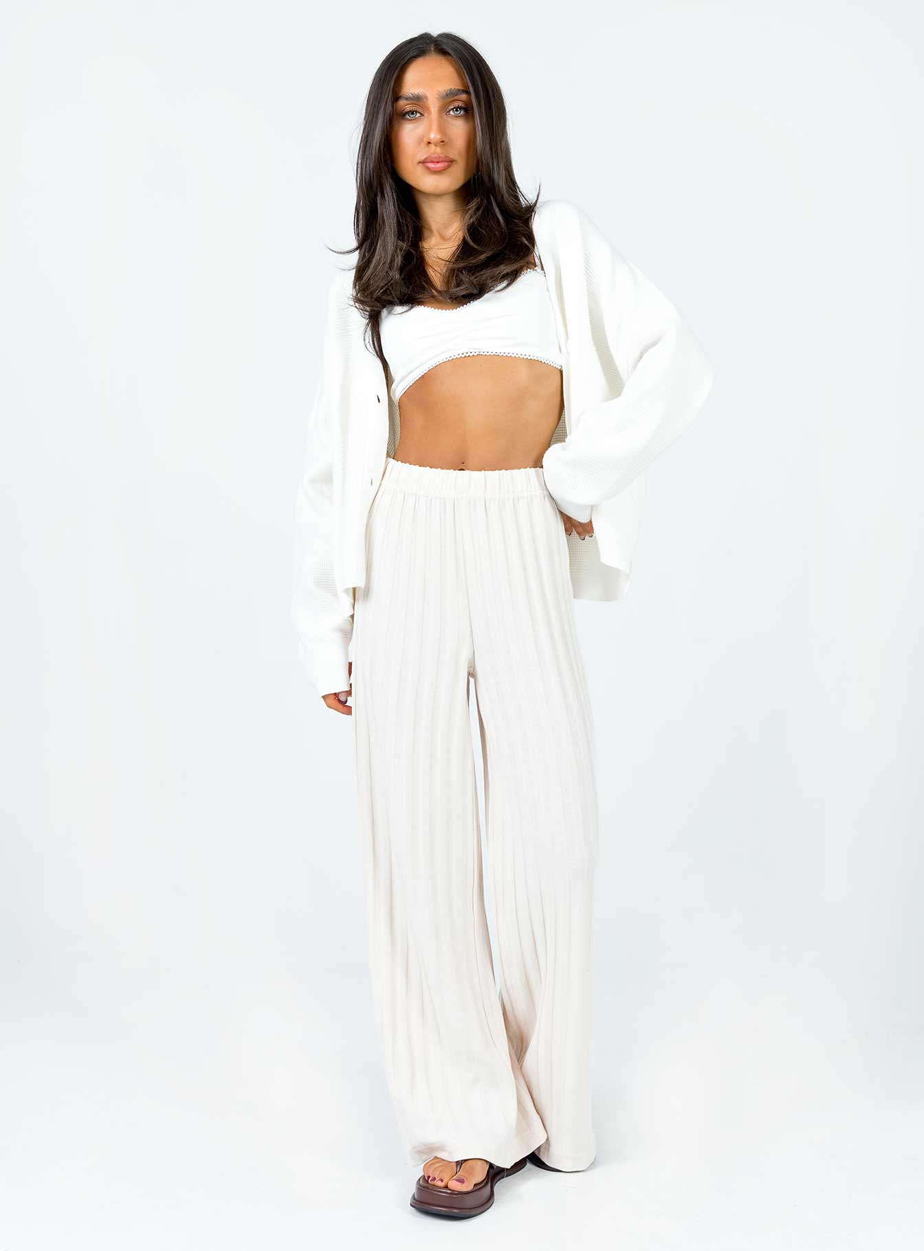 front view of model wearing Princess Polly Theo Cardigan White Longline Jumpers 
