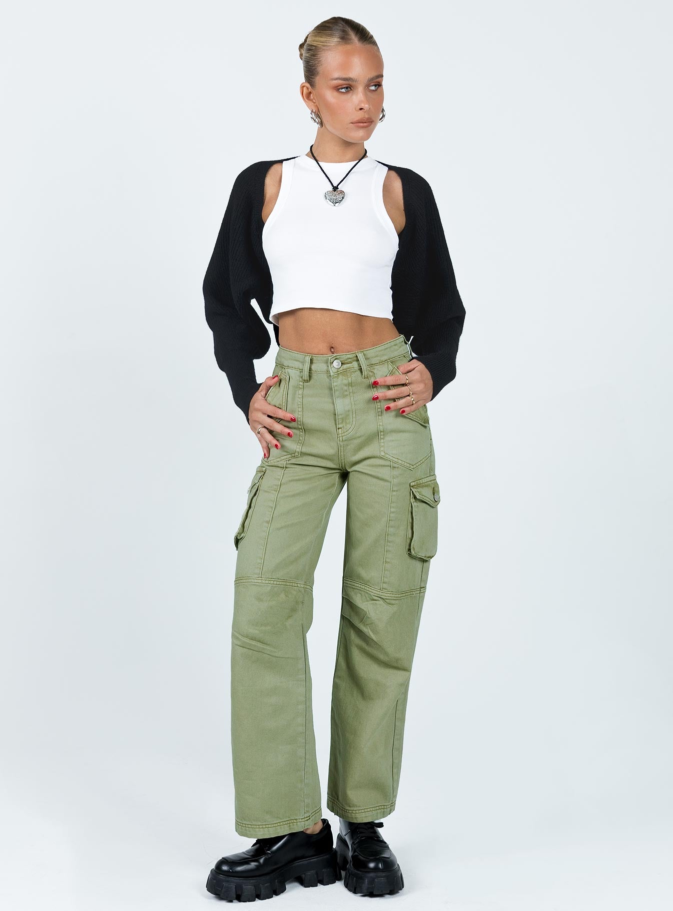 side view of model wearing Princess Polly Aviana Cardigan Black cropped 