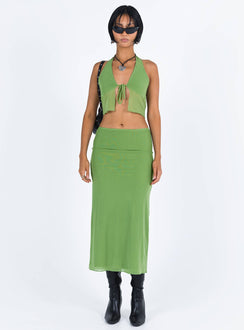 Matching set Mesh material Crop top Halter neck tie Split hem Tie fastening at bust Maxi skirt Low rise Good stretch Partially lined