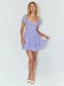 front view of model wearing Princess Polly Danny Mini Dress Lilac 