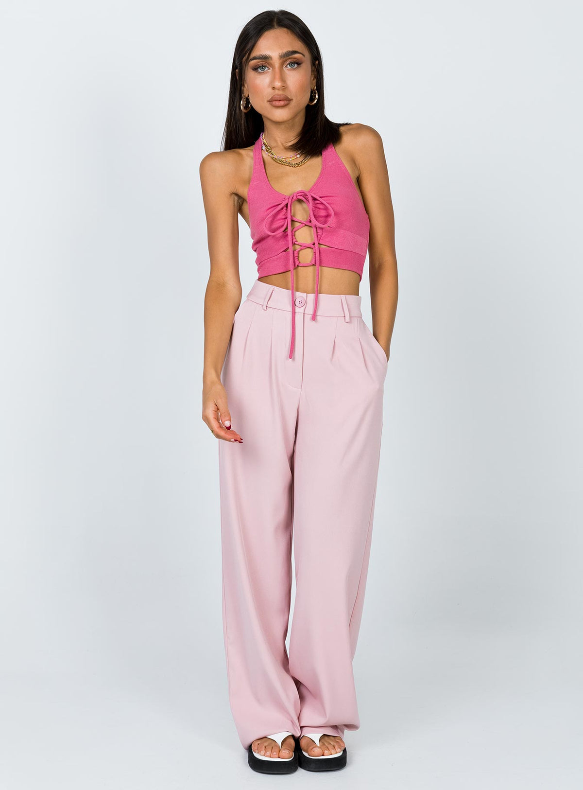 front view of model wearing Princess Polly Archer Pants Pink 