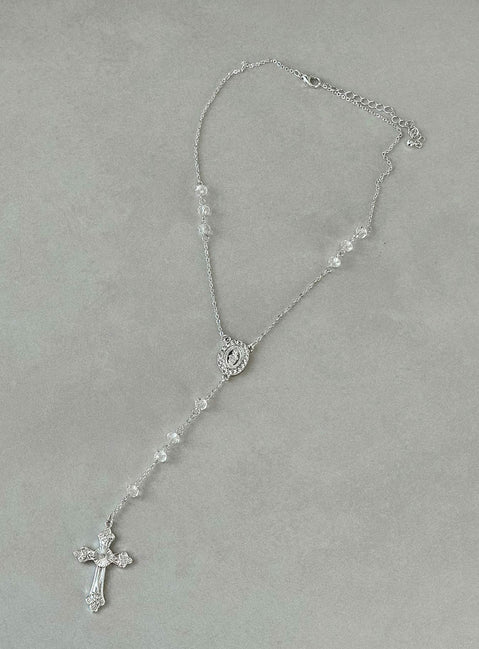 Necklace Silver toned Cross charm Bead detail Lobster clasp fastening
