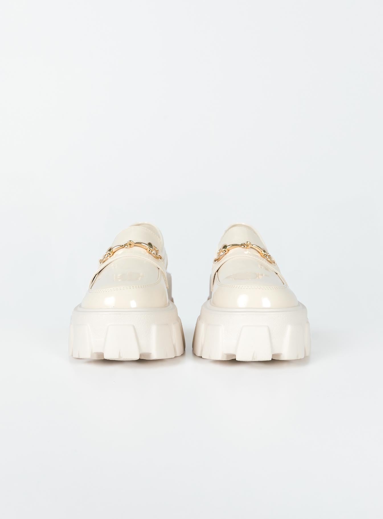Loafers Faux patent leather  Platform base Treaded sole Gold-toned snaffle detail Rounded toe