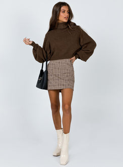 side view of model wearing Princess Polly Zahara Cropped Turtleneck Sweater Brown Cropped Jumpers 