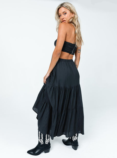 Black matching set Crop top Removable shoulder straps  Inner silicone strip at bust  Twisted bust  Cut out detail  Shirred back  Zip fastening  High waisted midi skirt  Elasticated waistband  Layered design 