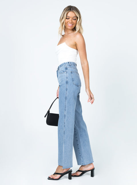 side view of model wearing Princess Polly Arlington Straight Leg Denim Jeans High Waisted 