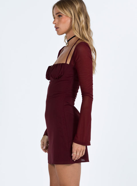 side view of model wearing Princess Polly Dyer Sheer Sleeve Mini Dress Burgundy Sweetheart Neckline 